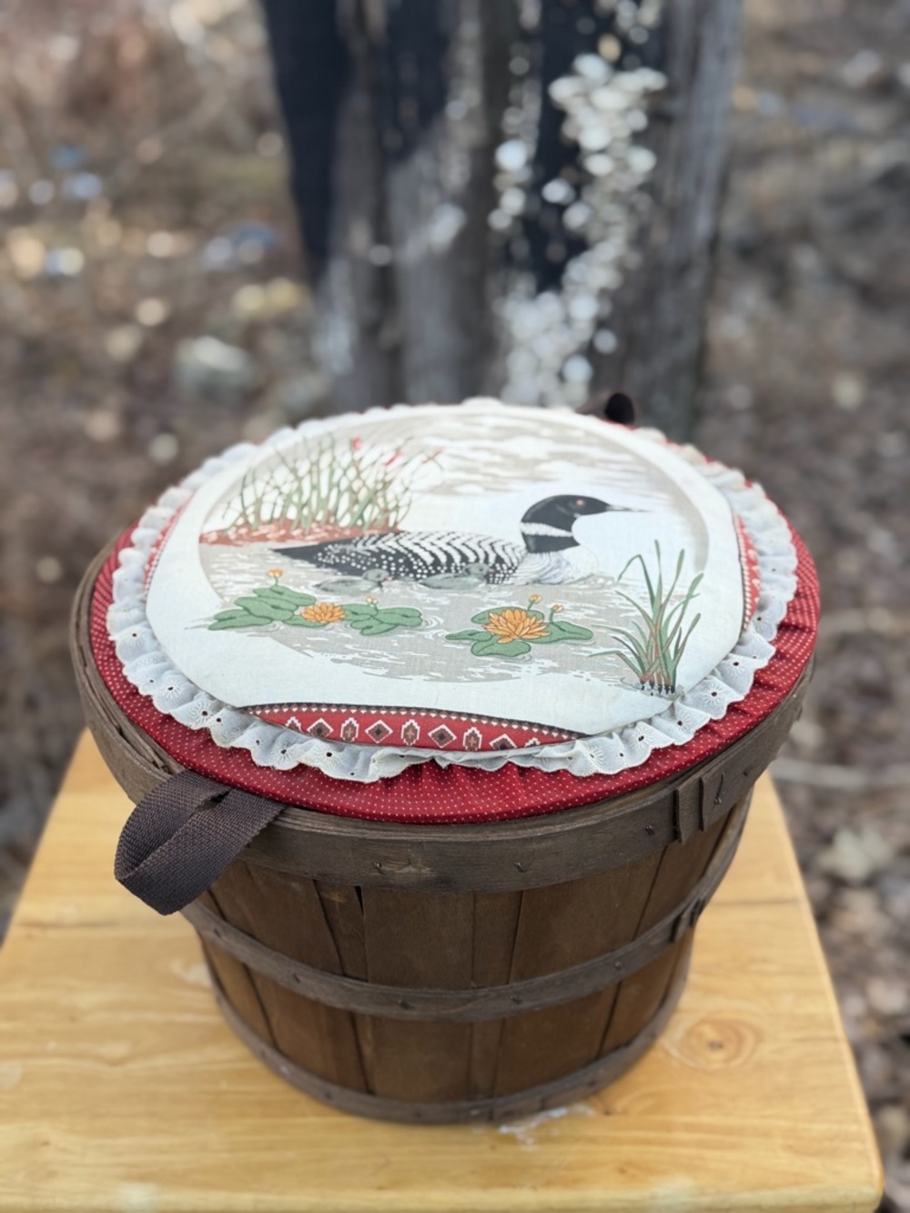 Handmade Loon Embroidered Round Basket Lid Cushion - Red, Cream, Green